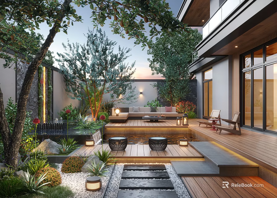 Modern Garden With Lush Greenery Wooden Deck Water Feature Outdoor Seating Area And Ambient Lighting 3d model 