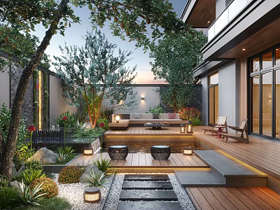 Modern Garden With Lush Greenery Wooden Deck Water Feature Outdoor Seating Area And Ambient Lighting 3d model