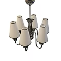 Tech Exhibition Hall Featuring Modern Chandelier With Six White Lampshades And Silver Decorative Edges