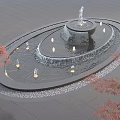 Circular Water Fountain With Multi Tiered Flow Surrounding Lights And Red Maple Trees