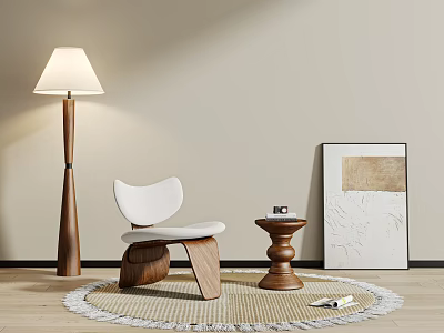 Modern White Leisure Chair With Wooden Frame Round Weave Rug Floor Lamp And Side Table 3d model