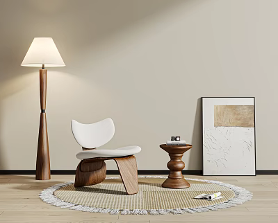 Modern White Leisure Chair With Wooden Frame Round Weave Rug Floor Lamp And Side Table 3d model