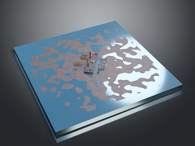 Miniature Industrial Facility Model On Blue Platform With White Terrain Patches 3d model