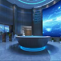 Modern Lobby Interior With Circular Reception Desk Blue Digital Screen And Chinese Characters