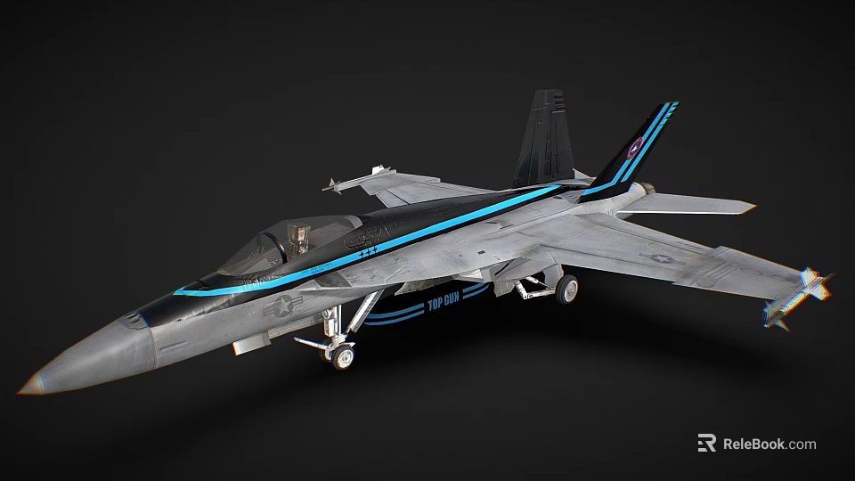 Gray Fighter Jet Model With Blue Stripes Cockpit And Landing Gear 3d model 