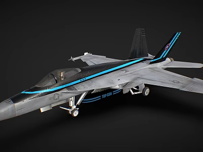 Gray Fighter Jet Model With Blue Stripes Cockpit And Landing Gear 3d model
