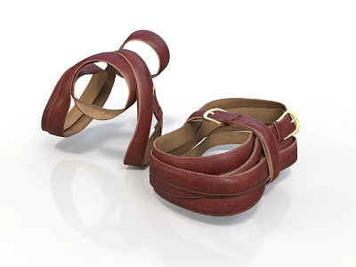 Brown Leather Sandals With Strappy Design And Adjustable Gold Buckles 3d model