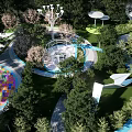 Park Landscape Including Children's Play Area Circular Pathways Trees White Umbrellas And Blue Water Features
