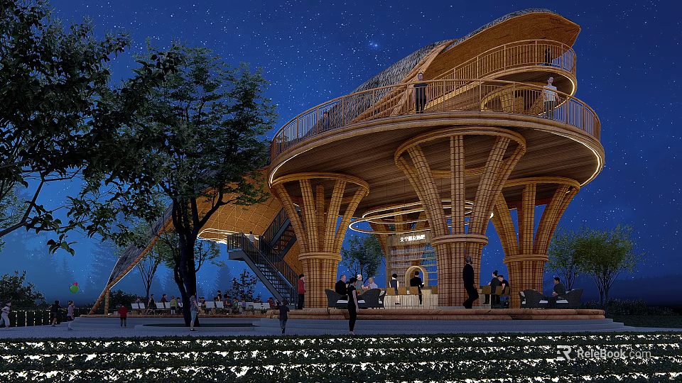 Modern Garden Landscape With Wooden Multi Level Structure Balcony Night Scene And People Gathering 3d model 