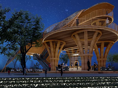 Modern Garden Landscape With Wooden Multi Level Structure Balcony Night Scene And People Gathering 3d model
