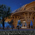 Modern Garden Landscape With Wooden Multi Level Structure Balcony Night Scene And People Gathering