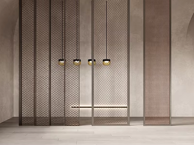 Modern Metal Mesh Room Divider With Hanging Pendant Lights And Bench In Minimalist Interior 3d model