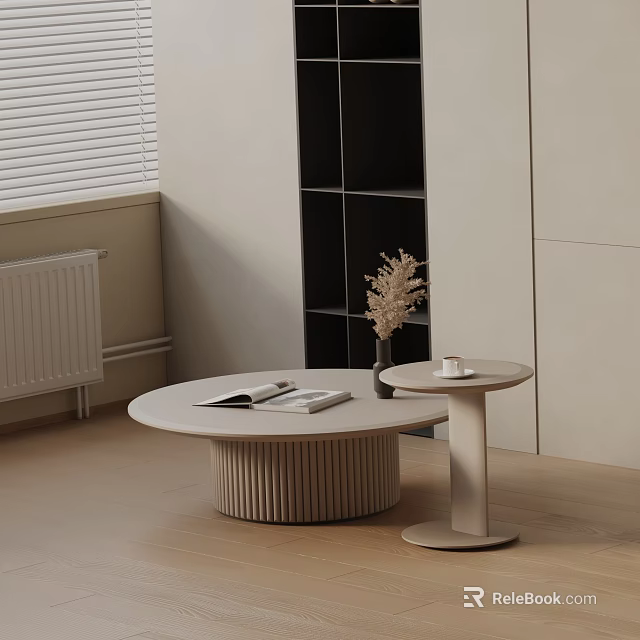 Round Ribbed Coffee Table Set With Side Table Books Dried Flowers And Black Bookshelf 3d model 