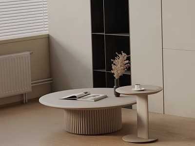 Round Ribbed Coffee Table Set With Side Table Books Dried Flowers And Black Bookshelf 3d model