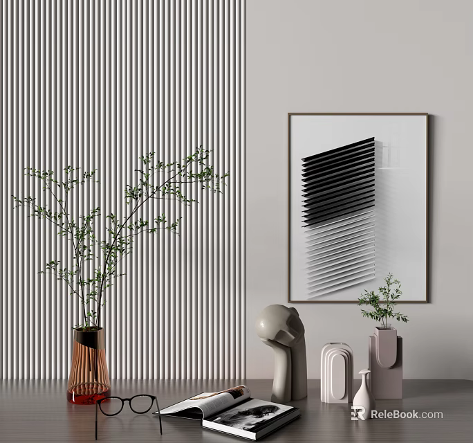 Ornamental Decor Set With Striped Wall Greenery Artwork Vases And Abstract Sculptures 3d model 