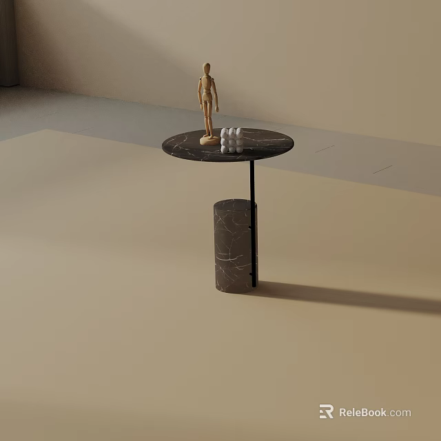Modern Round Marble Side Table With Cylindrical Base And Figurine Chess Pieces 3d model