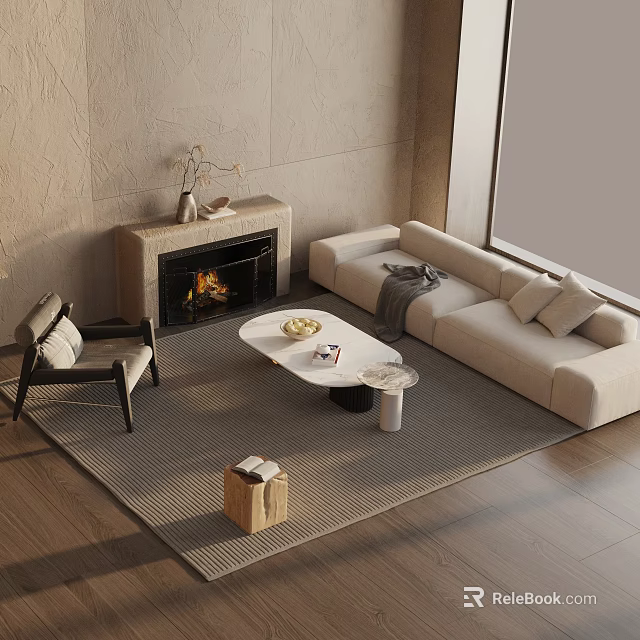 Modern Living Room With Beige Sofa And Oval Coffee Table Set Fireplace And Area Rug 3d model 