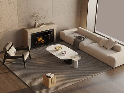Modern Living Room With Beige Sofa And Oval Coffee Table Set Fireplace And Area Rug 3d model