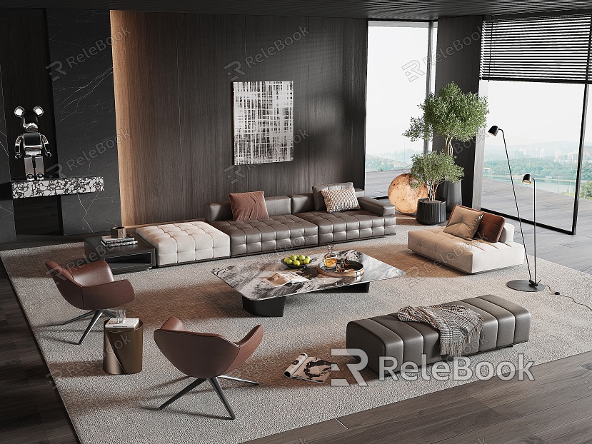 Minotti Modern Sofa Coffee Table Combination Multiplayer Sofa Leather Sofa Double Sofa Marble Coffee Table Italian Light Luxury Bench Leisure Chair model