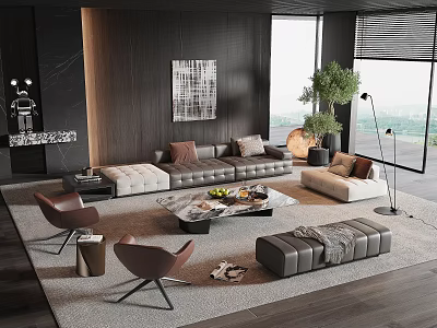 Modern Living Room Sofa Coffee Table Combination With Armchairs Floor Lamp And Window View 3d model