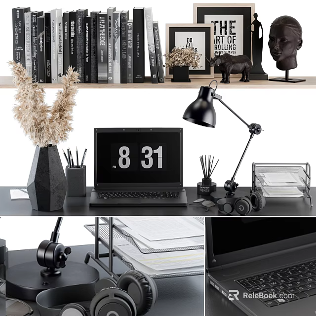 Modern Office Desk Decorative Ornament Set With Dried Flowers Table Lamp And Storage Box 3d model 