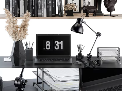 Modern Office Desk Decorative Ornament Set With Dried Flowers Table Lamp And Storage Box 3d model