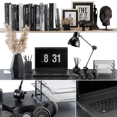 Modern Office Desk Decorative Ornament Set With Dried Flowers Table Lamp And Storage Box 3d model