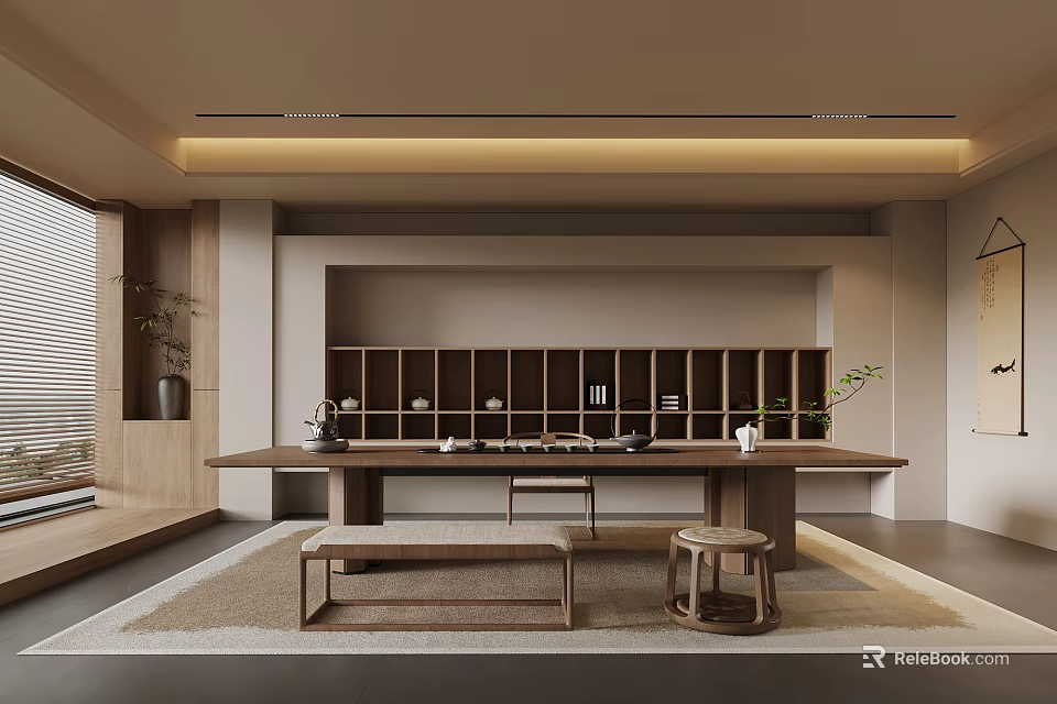 Traditional Tea Room Interior With Wooden Table Tea Sets Natural Light And Shelves 3d model 