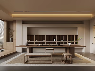 Traditional Tea Room Interior With Wooden Table Tea Sets Natural Light And Shelves 3d model