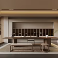 Traditional Tea Room Interior With Wooden Table Tea Sets Natural Light And Shelves