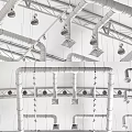 Industrial Equipment With Suspended Metal Pipes And Ducts In Factory Ceiling