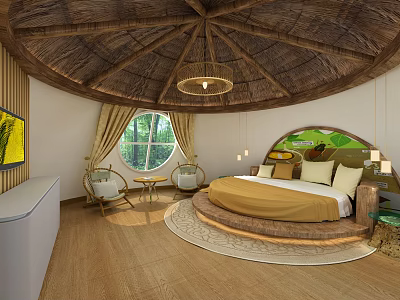 Hotel Room with Round Bed Thatched Roof Wooden Floor Rattan Chair and Window 3d model