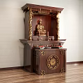 Traditional Carved Wooden Buddhist Shrine Cabinet With Golden Decor Buddha Statue And Candle Holders
