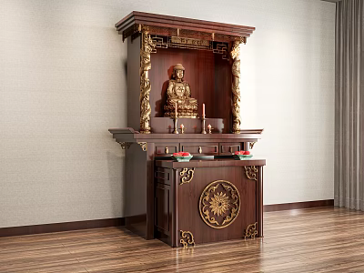 Traditional Carved Wooden Buddhist Shrine Cabinet With Golden Decor Buddha Statue And Candle Holders 3d model