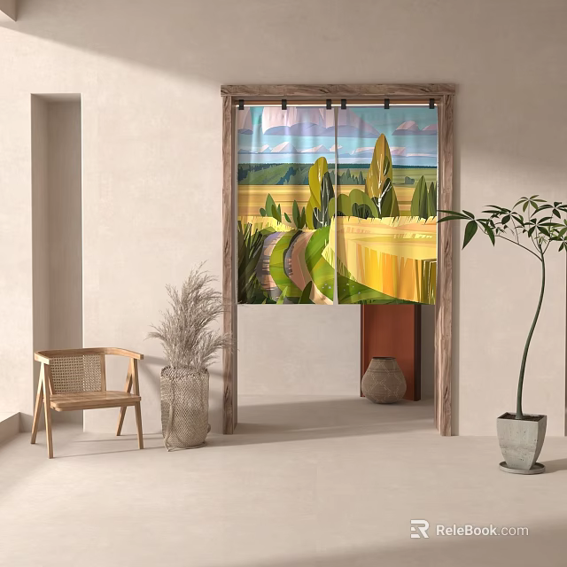 Vibrant Curtains Featuring Scenic Rural Landscape Print For Home Interior Decor 3d model 