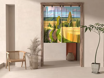 Vibrant Curtains Featuring Scenic Rural Landscape Print For Home Interior Decor 3d model