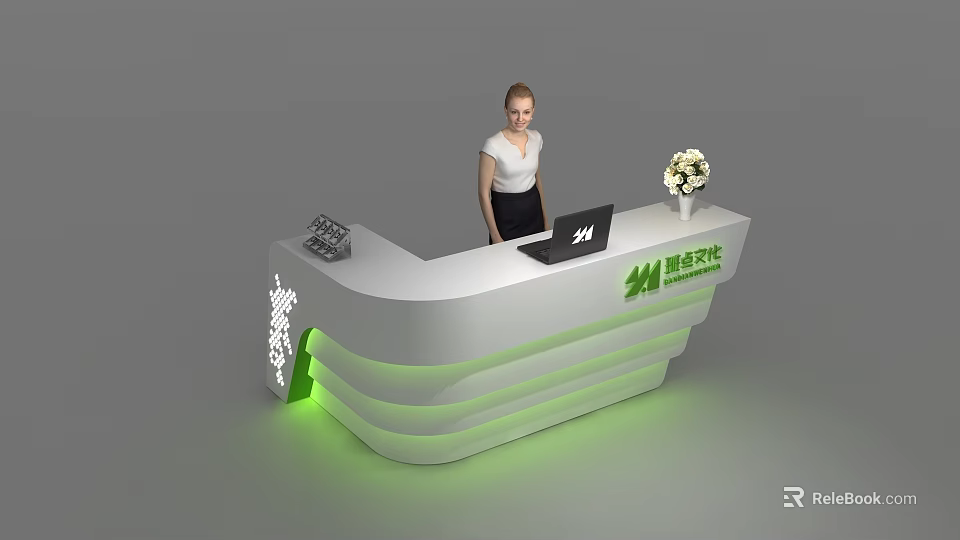 Modern Reception Desk With Green Accent Laptop Flower Bouquet Company Logo And Staff Member 3d model 
