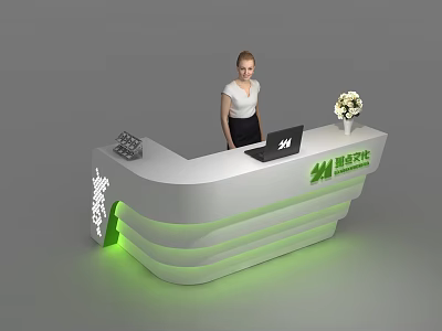 Modern Reception Desk With Green Accent Laptop Flower Bouquet Company Logo And Staff Member 3d model