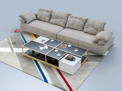 Light Gray Sectional Sofa in Modern Living Room with Colorful Striped Rug and Coffee Table 3d model