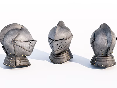 Three Medieval Metal Helmets With Different Designs And Face Masks On White Background 3d model