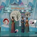 Ancient Chinese Traditional Scene With Hanfu Women Pavilion Round Paintings And Vase