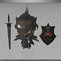 Silver Armored Character With Glowing Orange Eyes Beside Sword And Shield Featuring Red Gem