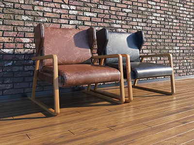 Modern Leather Leisure Chairs with Wooden Armrests and Legs Against Brick Wall on Wooden Floor 3d model
