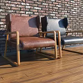 Modern Leather Leisure Chairs with Wooden Armrests and Legs Against Brick Wall on Wooden Floor