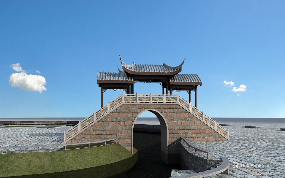 Traditional Chinese Stone Arch Bridge With Pavilion Under Blue Sky And Green Grass 3d model 