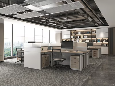 Modern Public Office Space Interior With Workstations Bookshelves And Large Windows 3d model