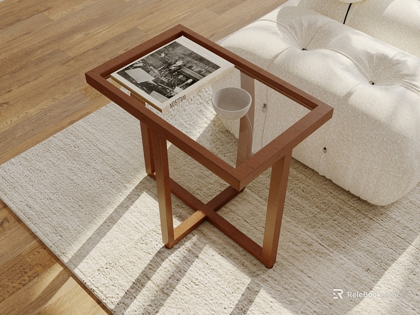 Modern Wooden Frame Glass Top Side Table With Magazine And Cup By Sofa On Rug 3d model 