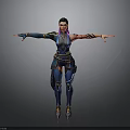 3D Female Character With Blue Outfit Purple Pink Hair And Tattoo In Open Arms Pose