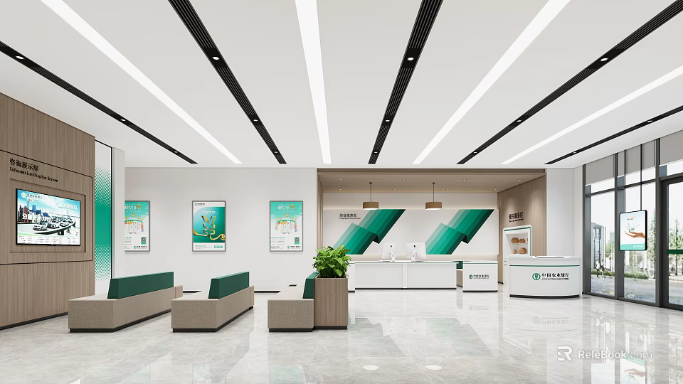 Modern Bank Lobby Interior With Reception Desk Seating Green Plants And Wall Posters 3d model 