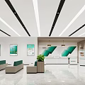 Modern Bank Lobby Interior With Reception Desk Seating Green Plants And Wall Posters